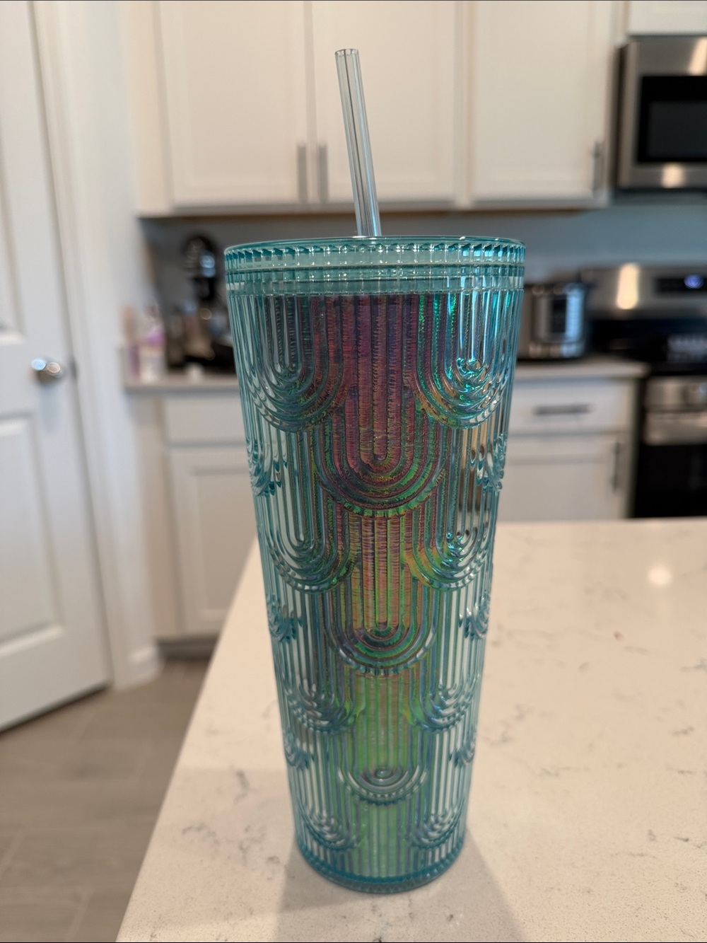 Tall Iridescent Textured Tumbler with Straw - Aqua/light blue